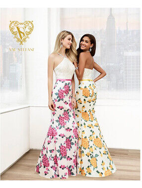 Val Stefani Ball Gown Prom Dress #3029RG Halter Neck Print Organza Embellished
